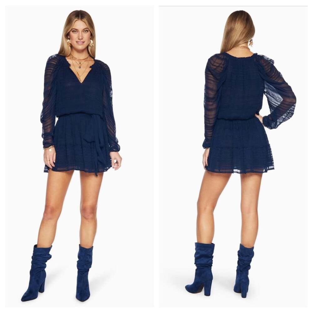 NWT RAMY BROOK NEW YORK Women’s Navy Parker Dress Sheer Long Sleeve Mini Dress
